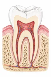 Prerez zoba s prikazom zobne korenine pri endodontskem zdravljenju