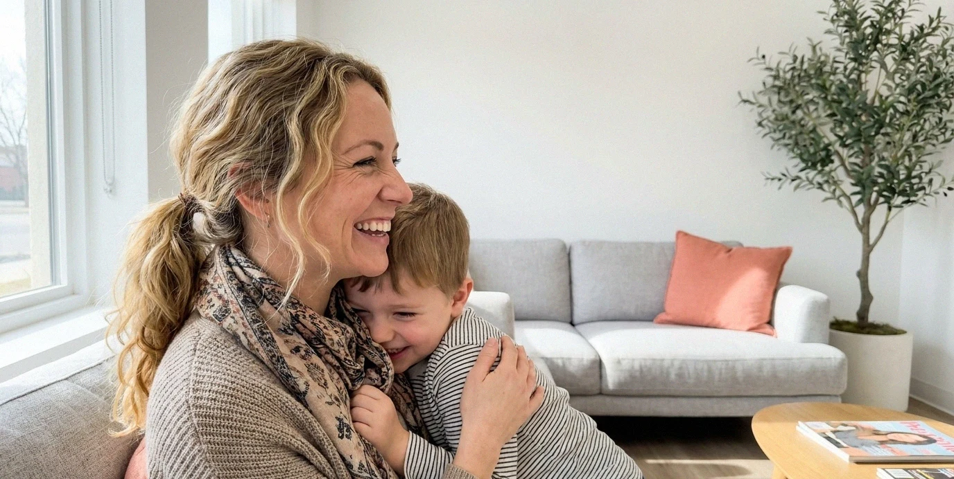Mama in otrok se smejeta v čakalnici zobozdravstvene klinike